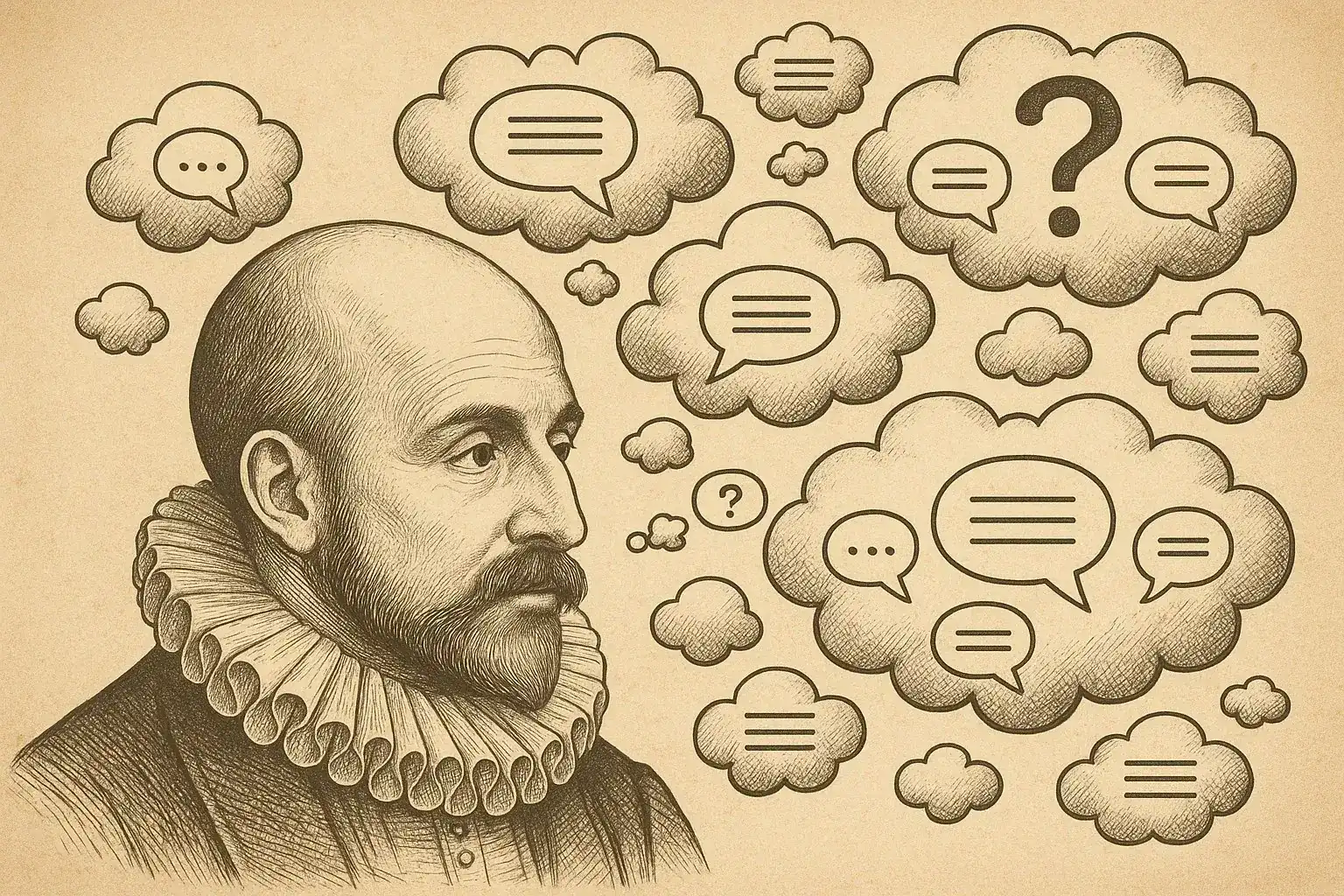 Illustratie van Michel de Montaigne omringd door denk- en spreekwolkjes, symbool voor twijfel en nuance in het denken.