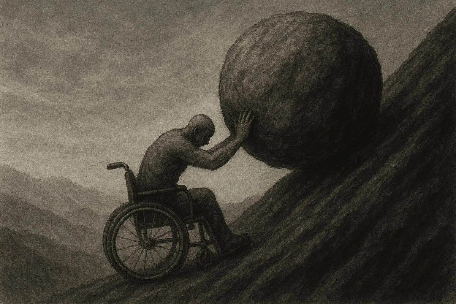 Man in rolstoel die een grote rots heuvelop duwt, symbool voor doorzettingsvermogen ondanks beperkingen.
