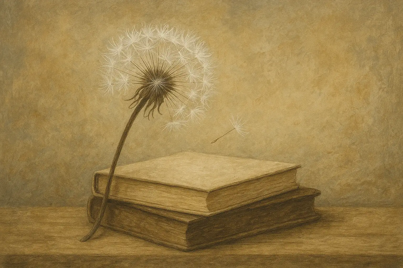 Sepia getinte schildering van twee oude boeken met een paardenbloem waarvan de pluisjes wegwaaien.