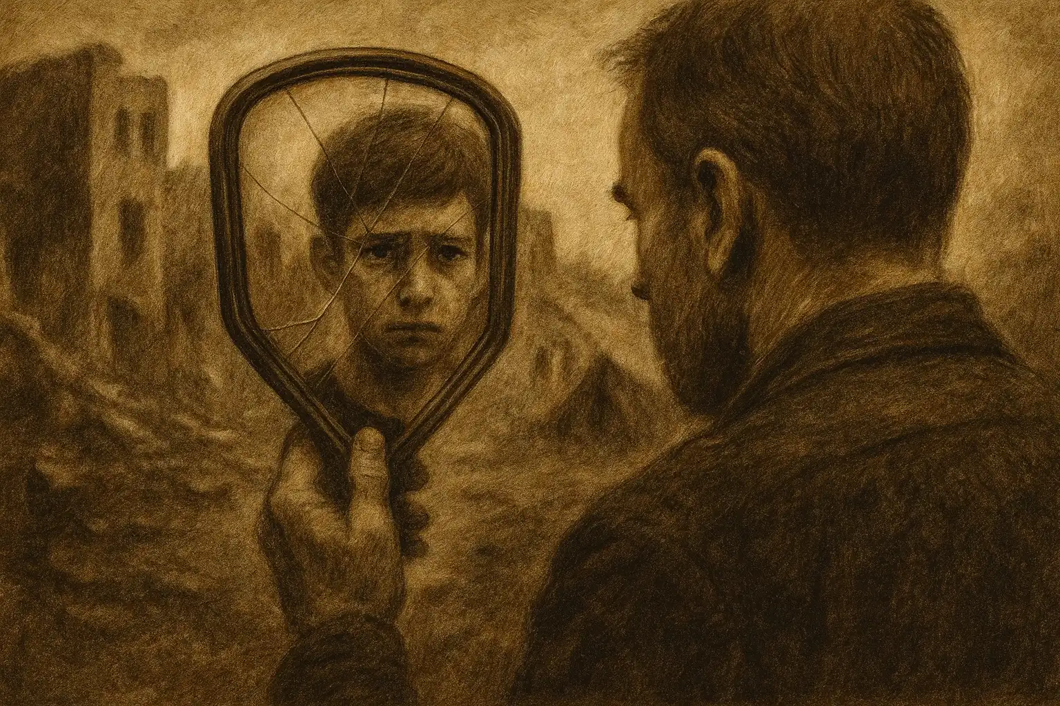 Man houdt gebarsten spiegel vast waarin het gezicht van een jongen wordt weerspiegeld, tegen een achtergrond van verwoeste gebouwen.