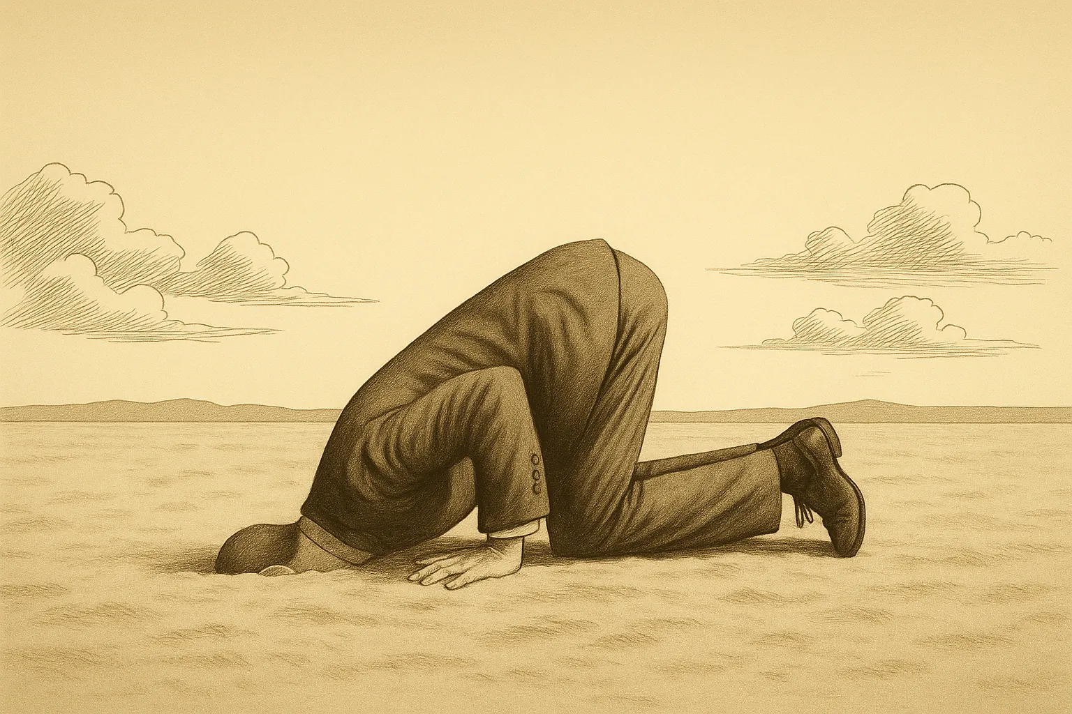 Illustratie van een man in pak die zijn hoofd in het zand steekt, sepia-tint