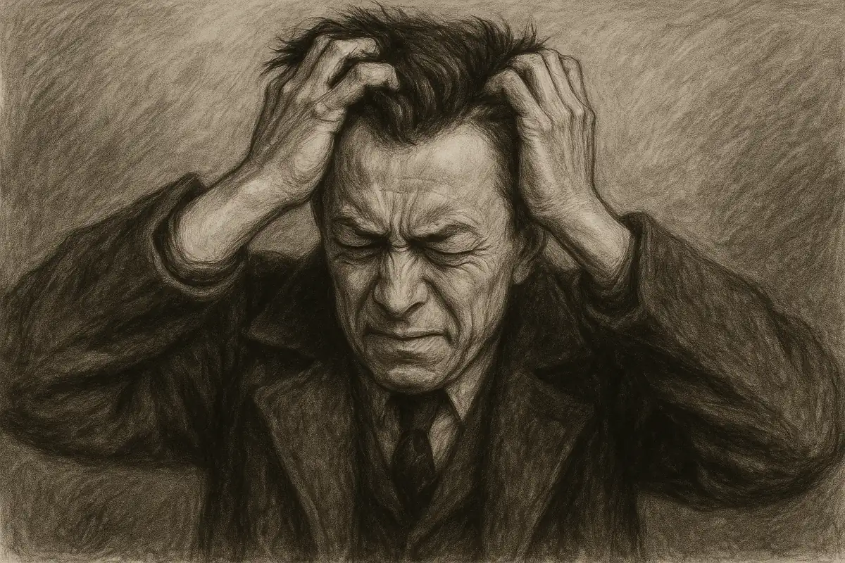 Illustratie van een man die zijn hoofd vastgrijpt in wanhoop – symbool voor de herhalingsdwang en de last van het lijden.