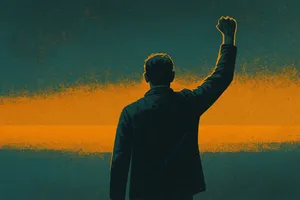 Een gestileerde illustratie van een man die met geheven vuist naar de horizon kijkt, symbool voor verzet en focus.