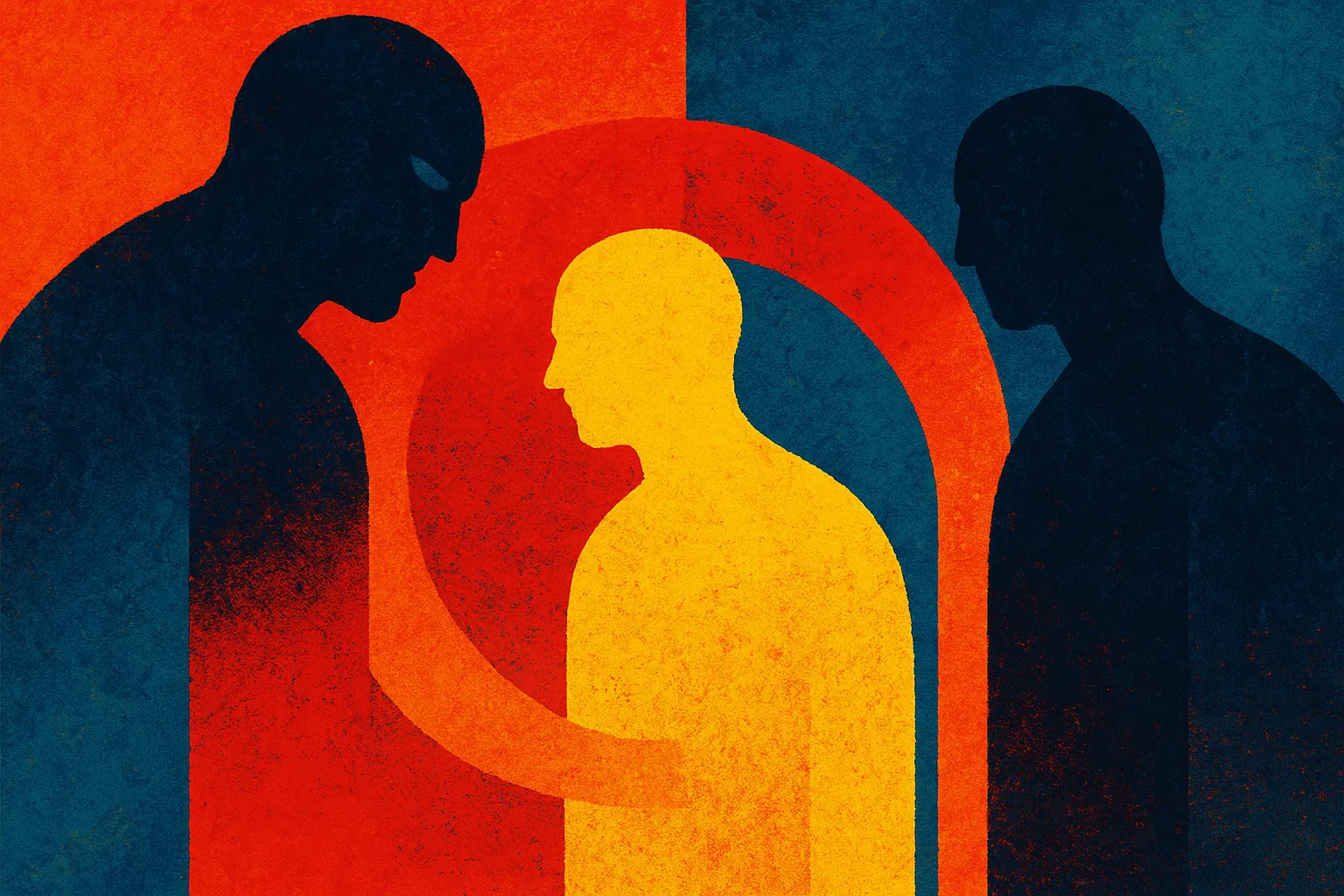 Illustratie van een kwetsbare figuur in het midden, omringd door twee donkere silhouetten — symbool voor stereotypering, angst en sociale druk.