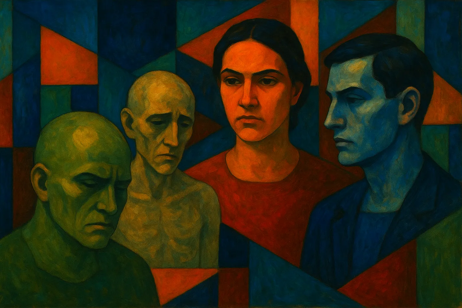Vier gezichten in geometrische vormen, een expressief schilderij over waardigheid en ontmenselijking.