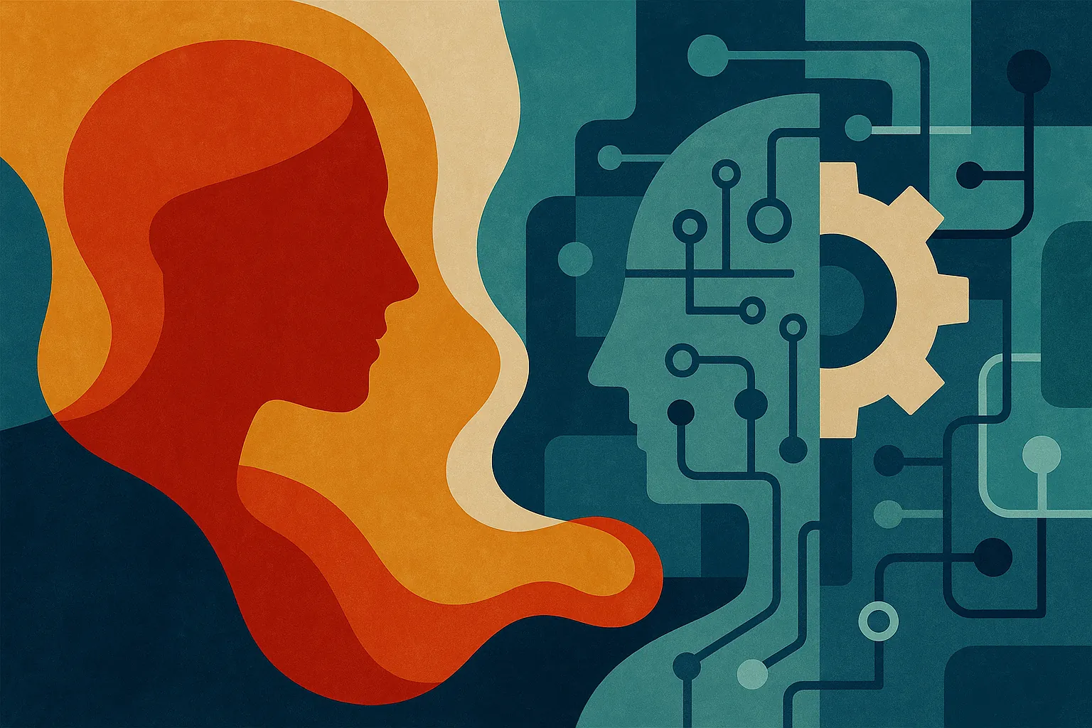 Abstracte illustratie van een menselijke en een technologische figuur tegenover elkaar, verbonden door warme en koele kleuren, als verbeelding van de spanning tussen menselijkheid en technologie in de zorg.