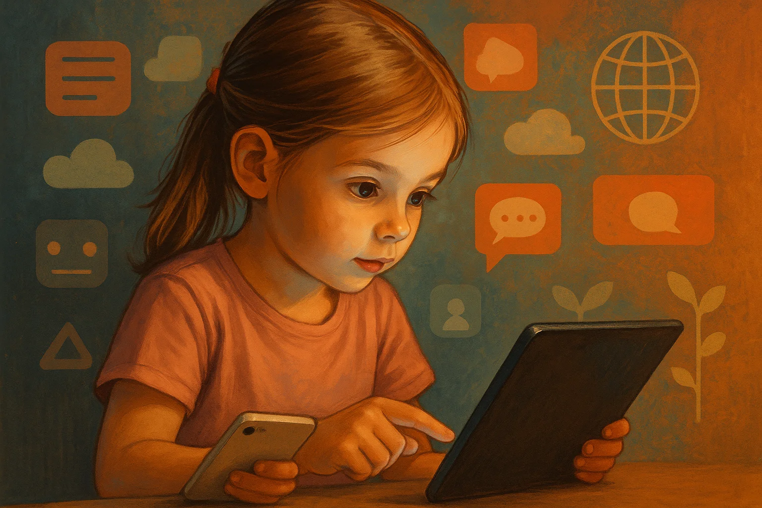 Kind kijkt gefocust naar een tablet, omringd door digitale iconen die symbool staan voor de algoritmische wereld van Generatie Alpha.