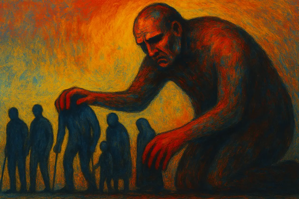 Een expressief schilderij van een knielende reus die met rode handen over kleine, blauwe menselijke figuren buigt, tegen een achtergrond van vurige oranje en gele tinten — symbool voor macht en kwetsbaarheid.