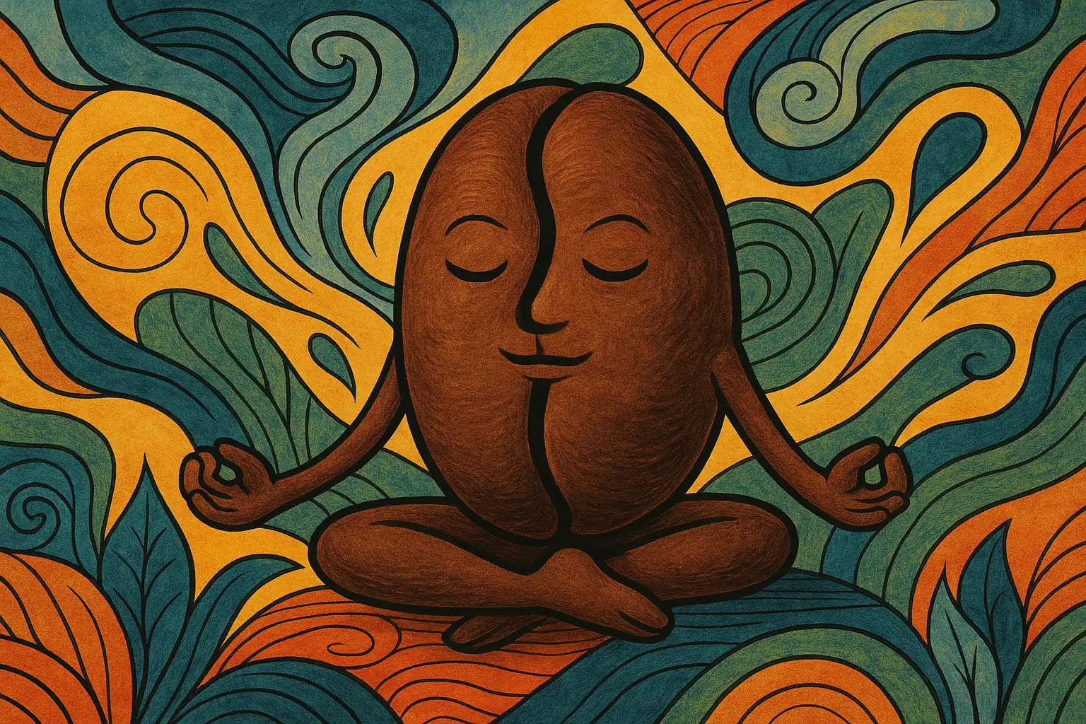 Minimalistische illustratie van een mediterende koffieboon in warme Third-Wave kleuren, symbool voor aandacht en zintuiglijke aanwezigheid.