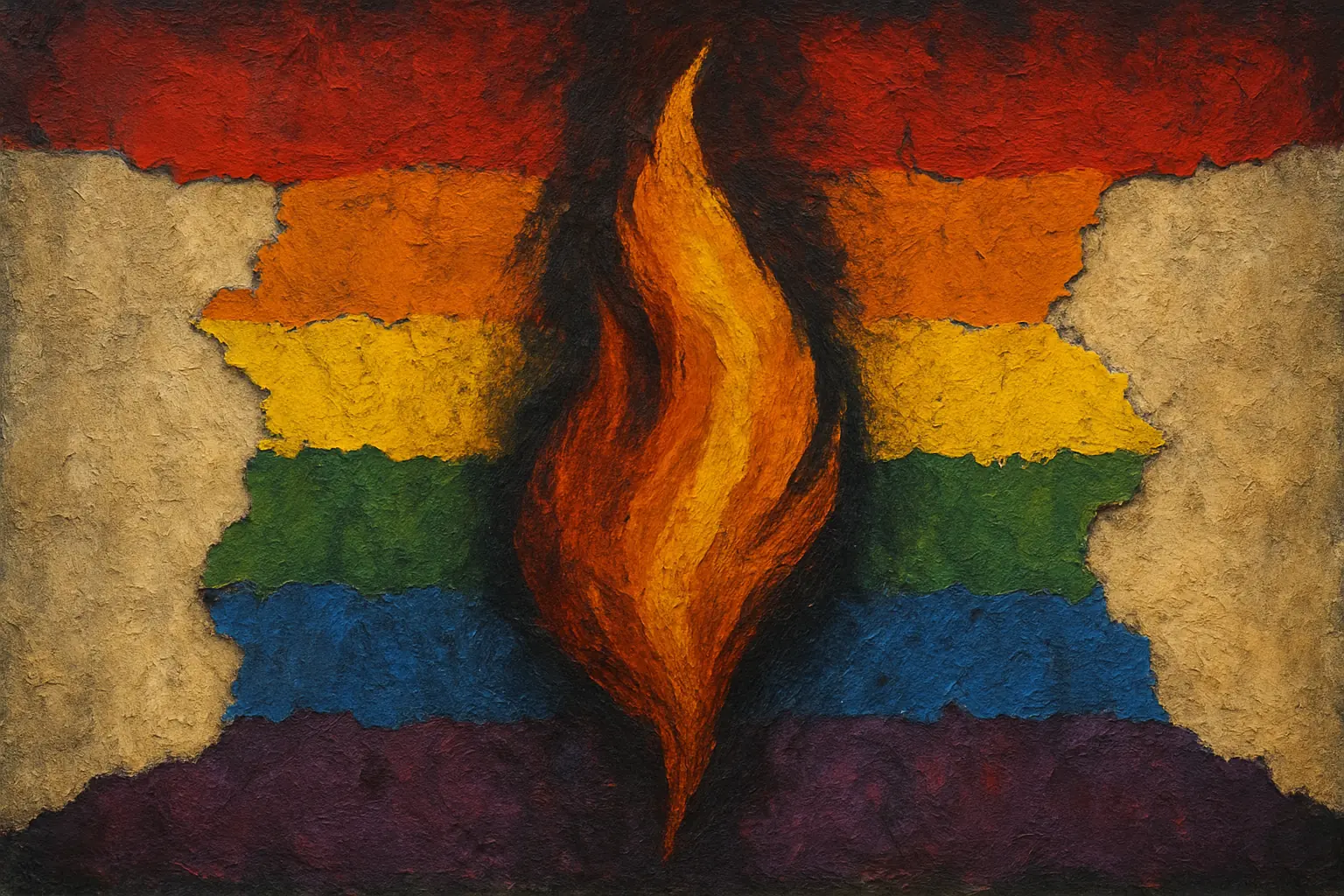 Abstracte vlam op verweerde regenboogvlag als symbool voor LGBTQ+ protest en verdeeldheid.