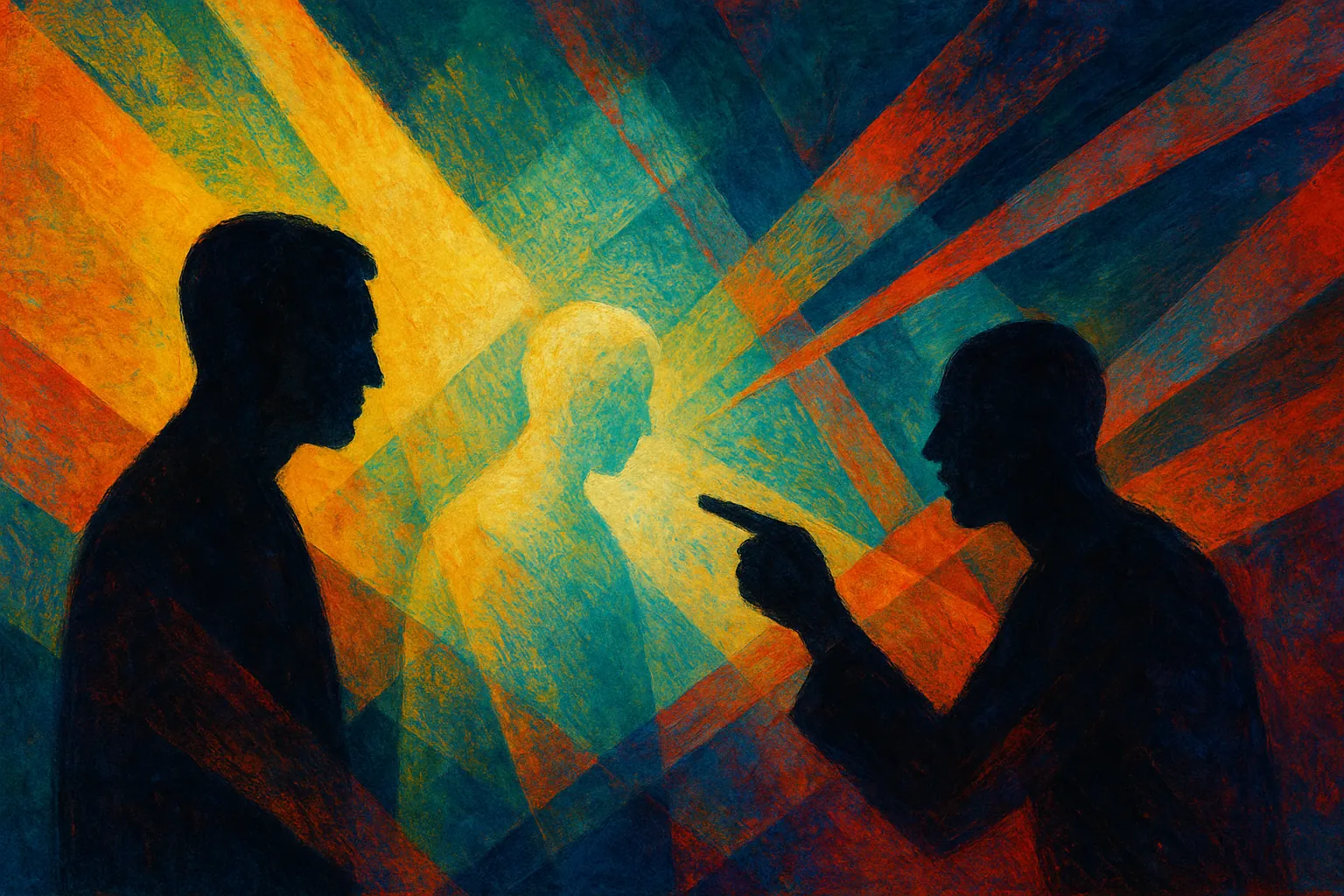 Drie silhouetten in debat, gevangen in een spanningsveld van licht en kleur — symbool voor botsende overtuigingen.