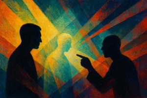 Drie silhouetten in debat, gevangen in een spanningsveld van licht en kleur — symbool voor botsende overtuigingen.