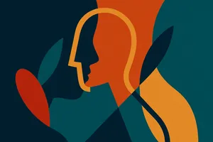 Abstracte illustratie van twee overlappende gezichtsprofielen in warme en koele kleuren, als symbool voor identiteit, maskers en de spanning tussen zichtbaarheid en menselijkheid.