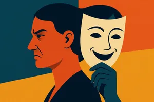 Een silhouet van een persoon die een vrolijk masker voor zich houdt, terwijl het echte gezicht ernstig en gespannen kijkt.